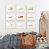 Vehicle wall art set of nine watercolour transport prints for kids playroom