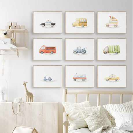 Nine watercolour vehicle prints with a bus, police car, fire engine, tow truck, rubbish truck, taxi, scooter and two vans.