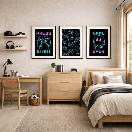 Set of three video game wall art prints with neon graphics on black backgrounds for a teen gaming room