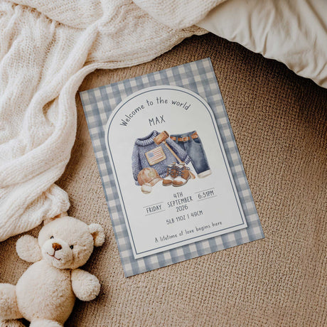 Vintage boys nursery birth print featuring personalised newborn details, blue gingham and a classic clothing illustration