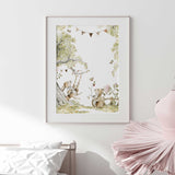 Watercolour illustration of two rabbits in a garden with green trees.