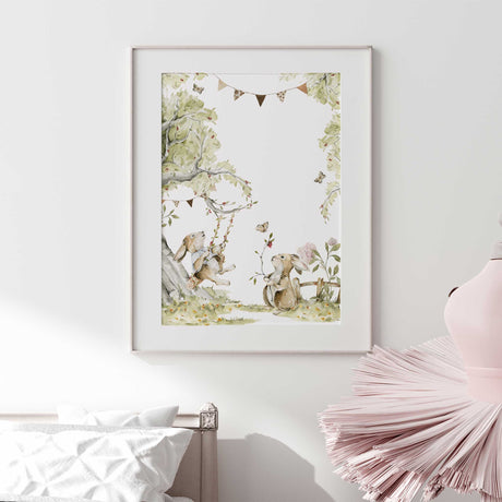 Watercolour illustration of two rabbits in a garden with green trees.