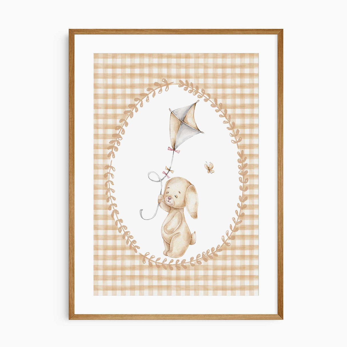 Vintage style bunny nursery prints set with gingham background