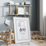 Vintage car nursery print with pastel balloons, a large blue initial, personalised name and birth details within a checked border.