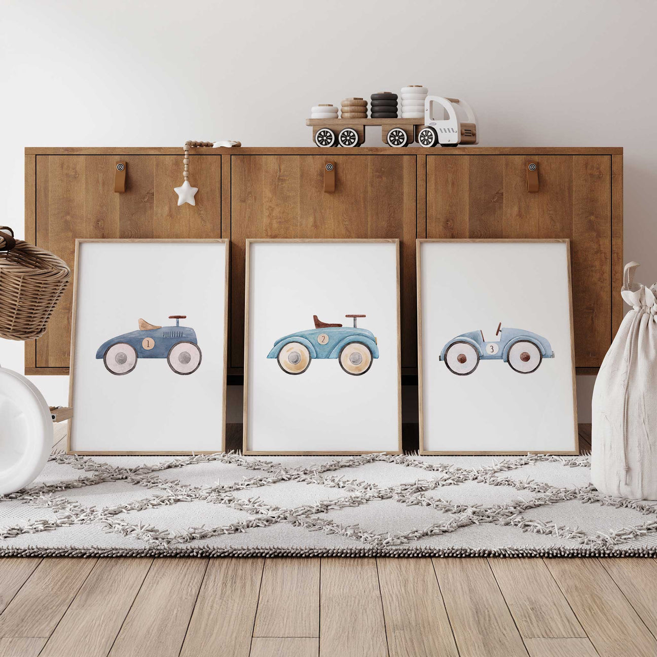 Nursery wall art set with vintage car illustrations for boys bedroom