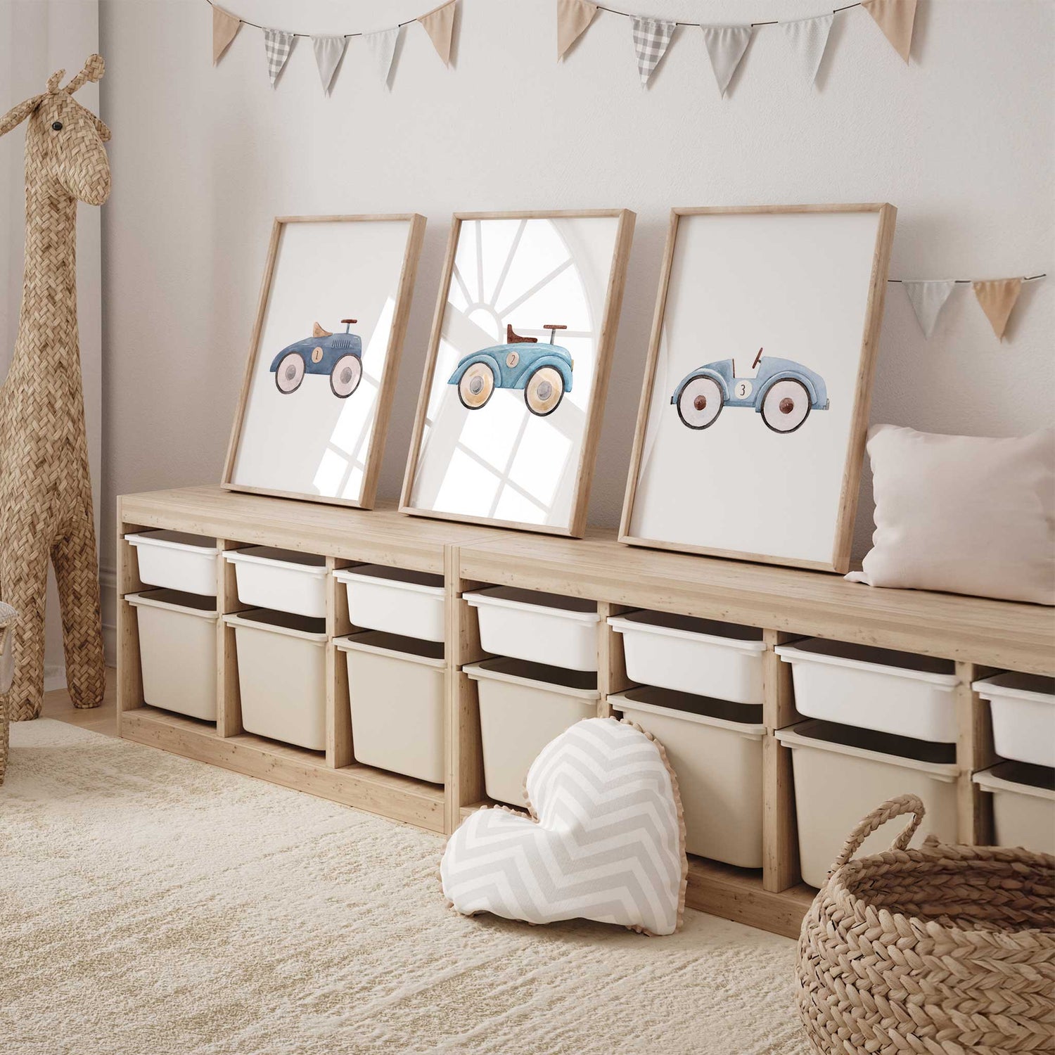 Retro car wall art for boys room featuring numbered nursery prints