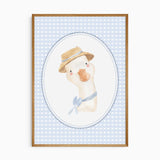 Vintage goose nursery wall art set with classic blue gingham design