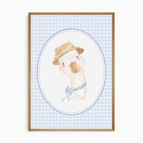 Vintage goose nursery wall art set with classic blue gingham design