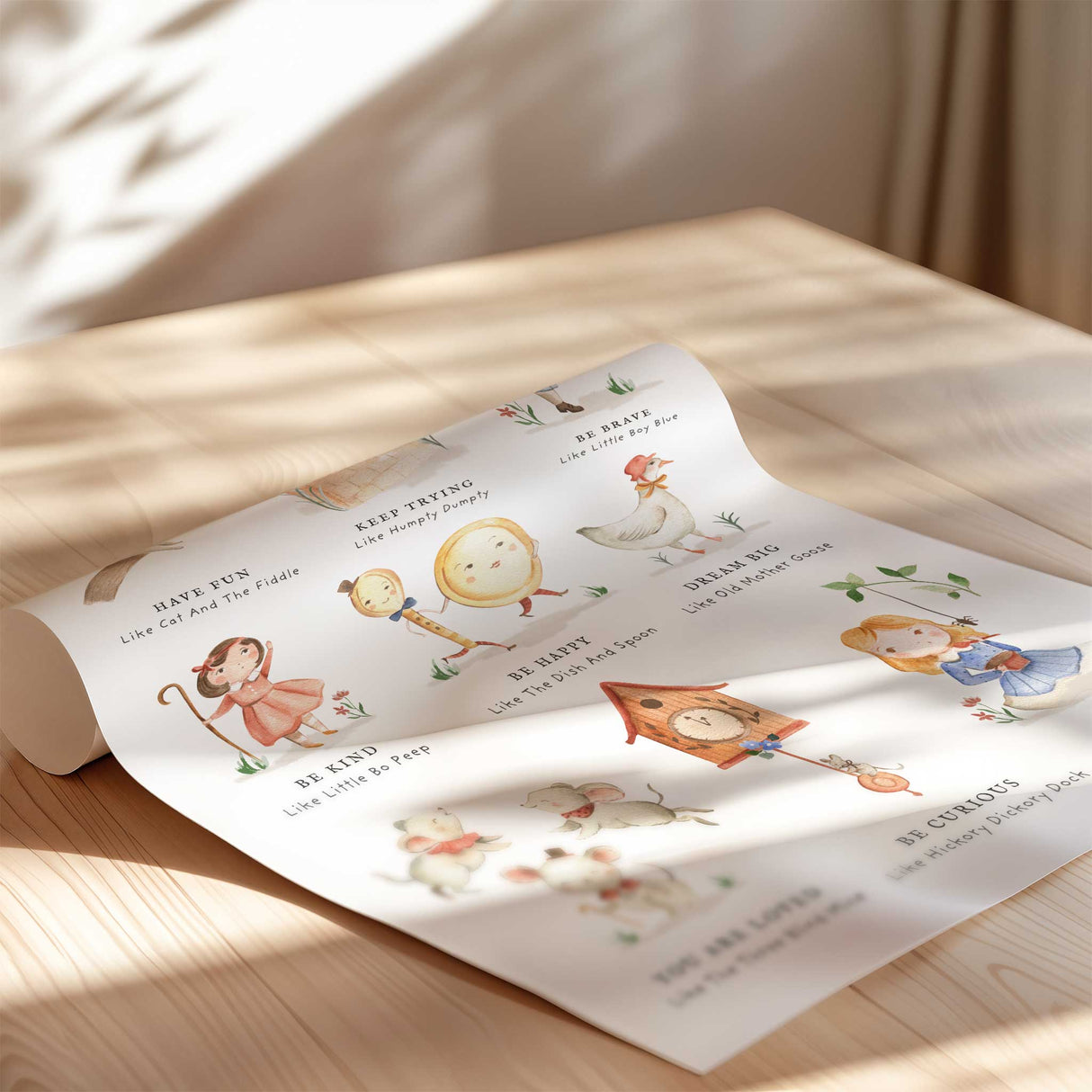 Vintage nursery rhyme wall art for boys and girls bedrooms with soft watercolour storybook illustrations.