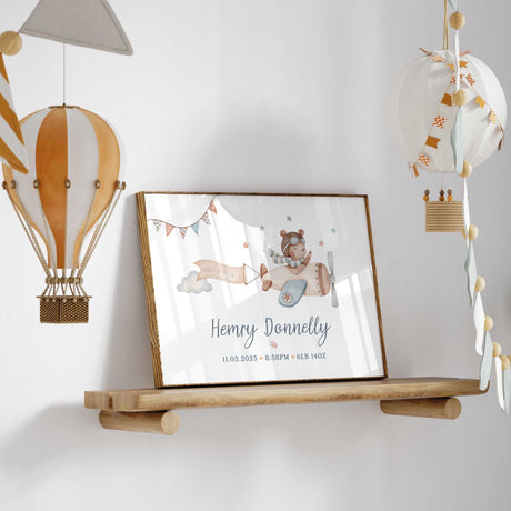 Vintage airplane personalised baby name print for nursery decor