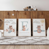 Vintage style airplane teddy nursery prints creating a soft adventure theme in children’s room