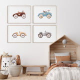 Set of four numbered vintage race car prints in muted blue, brown, beige and grey for a nursery or kids bedroom