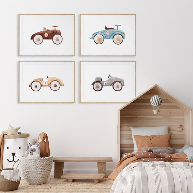 Set of four numbered vintage race car prints in muted blue, brown, beige and grey for a nursery or kids bedroom
