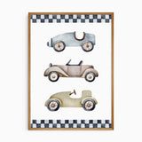 Three watercolour vintage-style cars in muted blue, taupe and olive green with charcoal checkered borders on white.