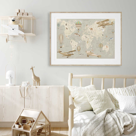 Vintage-style kids map with flying planes, whales, hot air balloons, and educational geography