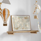 Vintage world map wall art for kids featuring hot air balloons, aeroplanes and animals in soft neutral tones for nursery or playroom decor