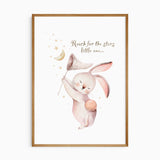 Watercolour rabbit reaching for stars with net, nursery wall art