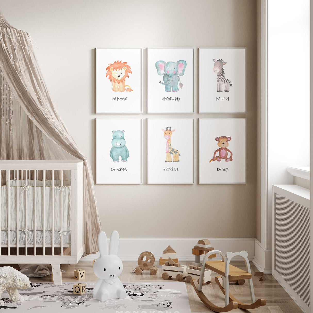 Watercolour animal nursery gallery wall with affirmations