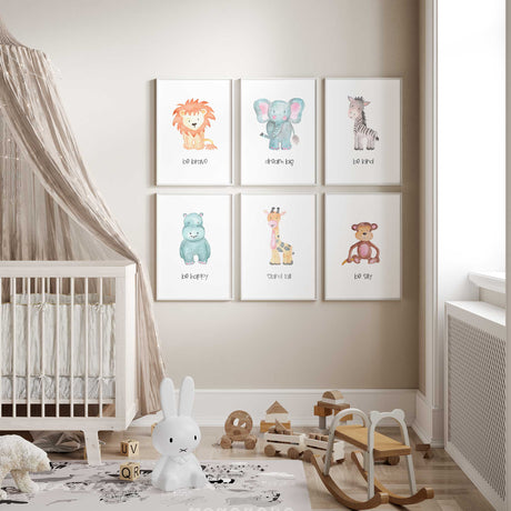 Watercolour animal nursery gallery wall with affirmations