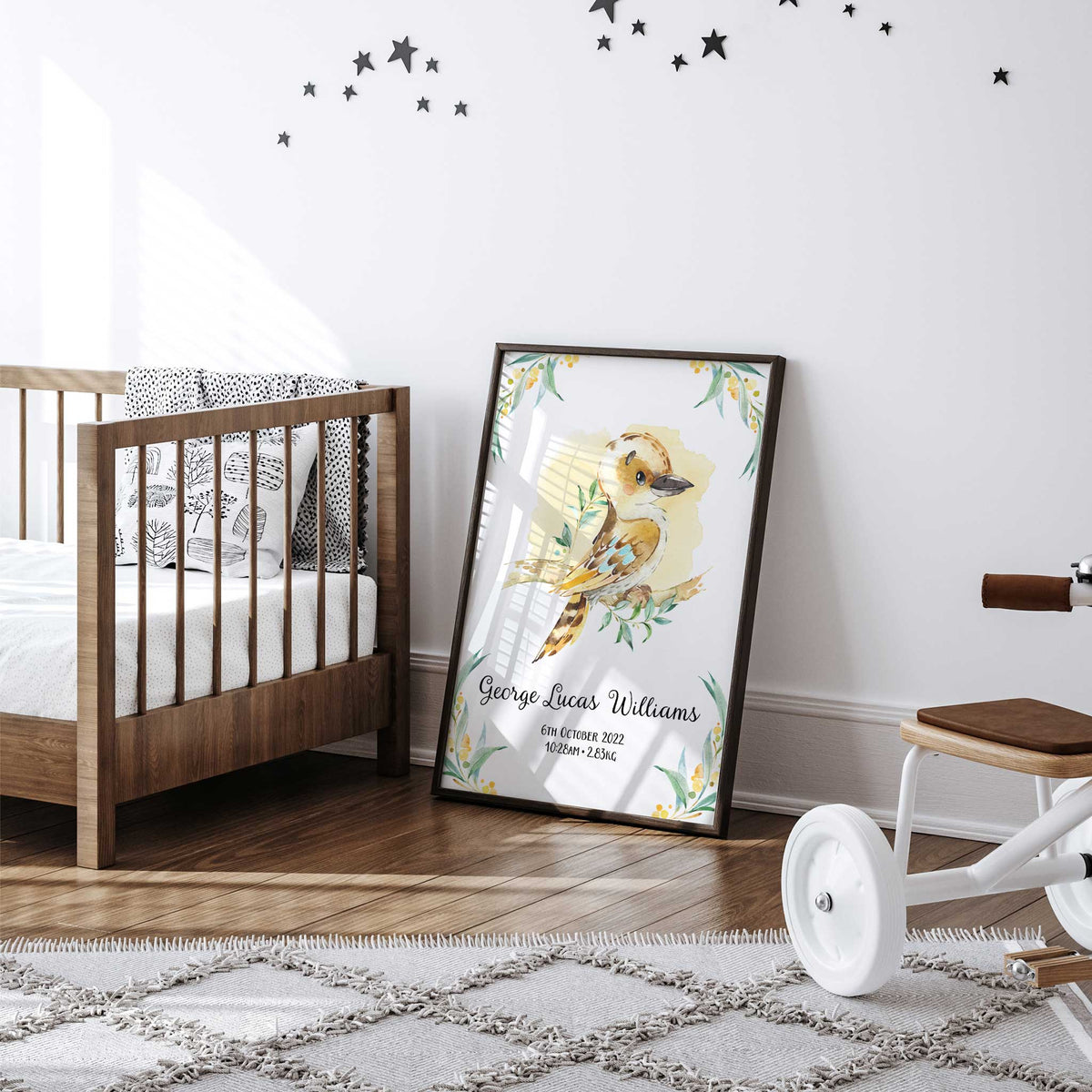 Watercolour Australian bird birth print with a kookaburra, baby’s full name, birth date, time and weight