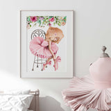 watercolour pink ballet dancer wall art print with floral details