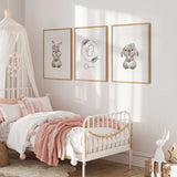 Watercolour floral bunny nursery print set with personalised initial for girls rooms.