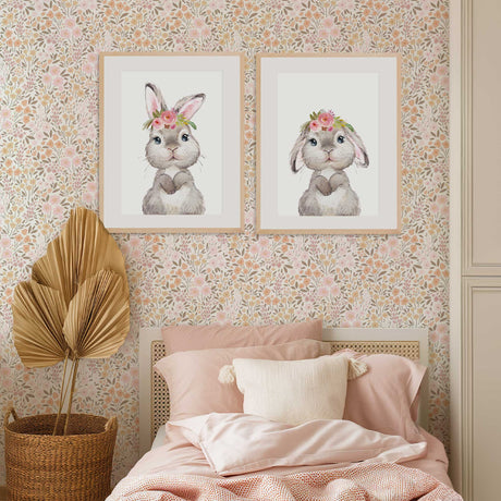 watercolour bunny prints with pink floral crowns and soft neutral tones