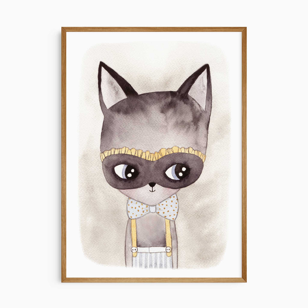 Watercolour cat print featuring a grey character with large eyes, bow tie, suspenders and warm yellow details