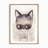 Watercolour cat print featuring a grey character with large eyes, bow tie, suspenders and warm yellow details