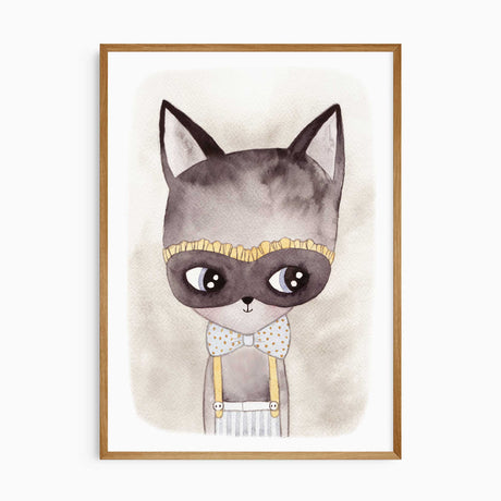 Watercolour cat print featuring a grey character with large eyes, bow tie, suspenders and warm yellow details