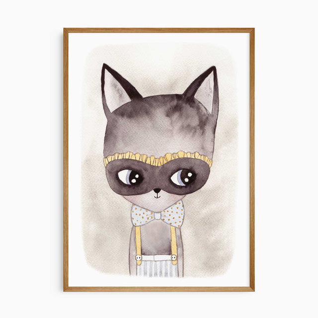 Watercolour cat print featuring a grey character with large eyes, bow tie, suspenders and warm yellow details