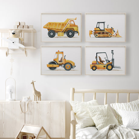 Yellow dump truck, bulldozer, road roller and forklift watercolour prints with grey wheels and white landscape backgrounds.