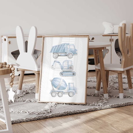 Blue watercolour construction vehicle print with truck digger and cement mixer for boys nursery or bedroom wall art décor.