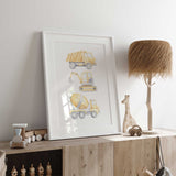 Yellow watercolour construction vehicle wall art featuring three trucks perfect for boys nursery or kids bedroom décor.