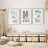 Construction vehicle print set with watercolour trucks, digger, crane, tractor and rollers