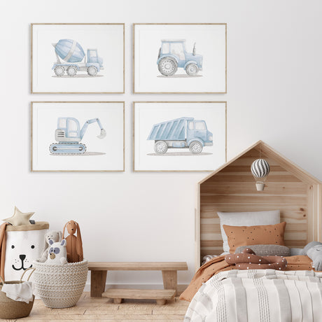 Watercolour construction vehicle prints for boys nursery or kids room