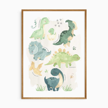 Watercolour dinosaur poster for kids with labelled prehistoric characters