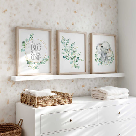 watercolour elephant eucalyptus wall art print set