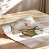 Watercolour elephant nursery wall art in green overalls for boys baby room