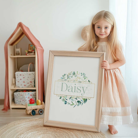 Neutral eucalyptus greenery name art for modern nursery décor