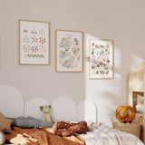Farm alphabet, numbers and map print set with watercolour animals, crops and buildings in soft earthy colours.