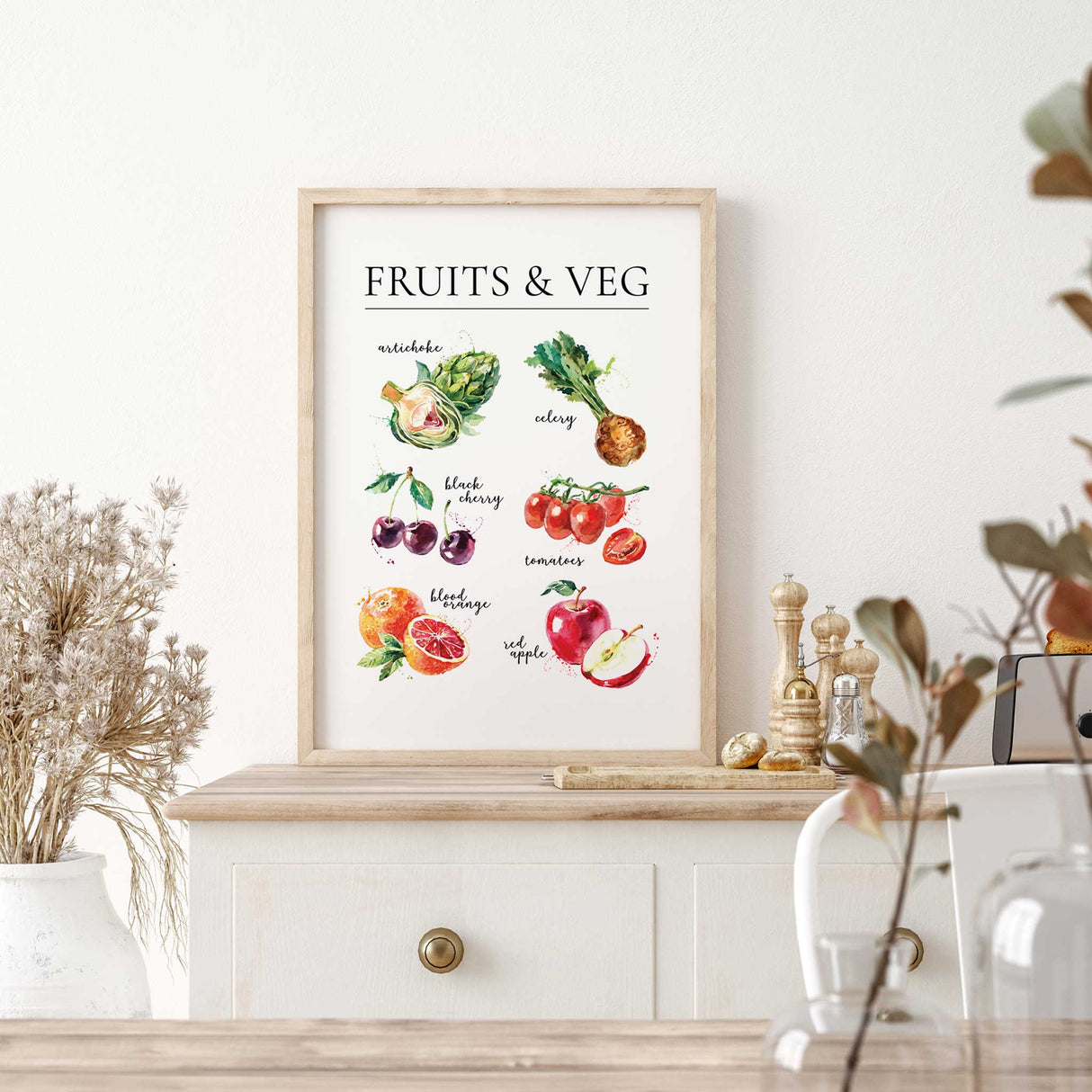 watercolour kitchen wall art showing detailed fruit and vegetable illustrations with handwritten names.
