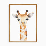 Baby giraffe nursery print featuring a soft watercolour portrait with warm golden patches on a white background.