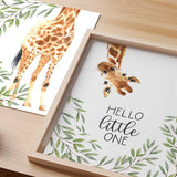 Watercolour giraffe nursery prints featuring two coordinating leafy safari designs