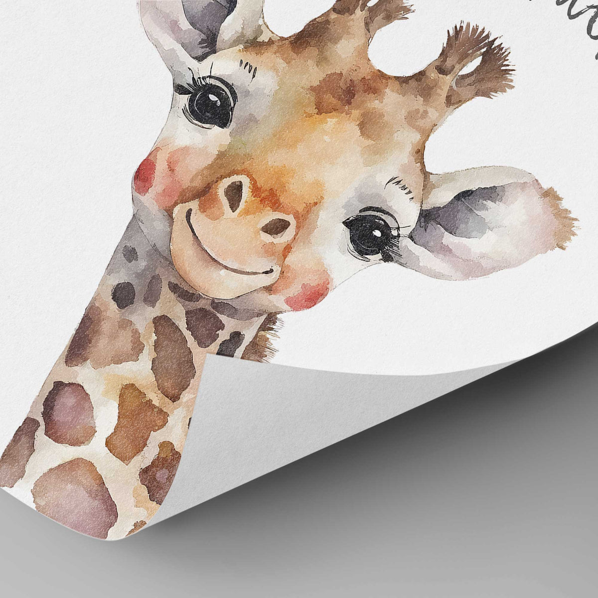Close-up of the watercolour giraffe artwork showing its face, brown patches and fine printed colour details