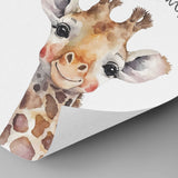 Close-up of the watercolour giraffe artwork showing its face, brown patches and fine printed colour details