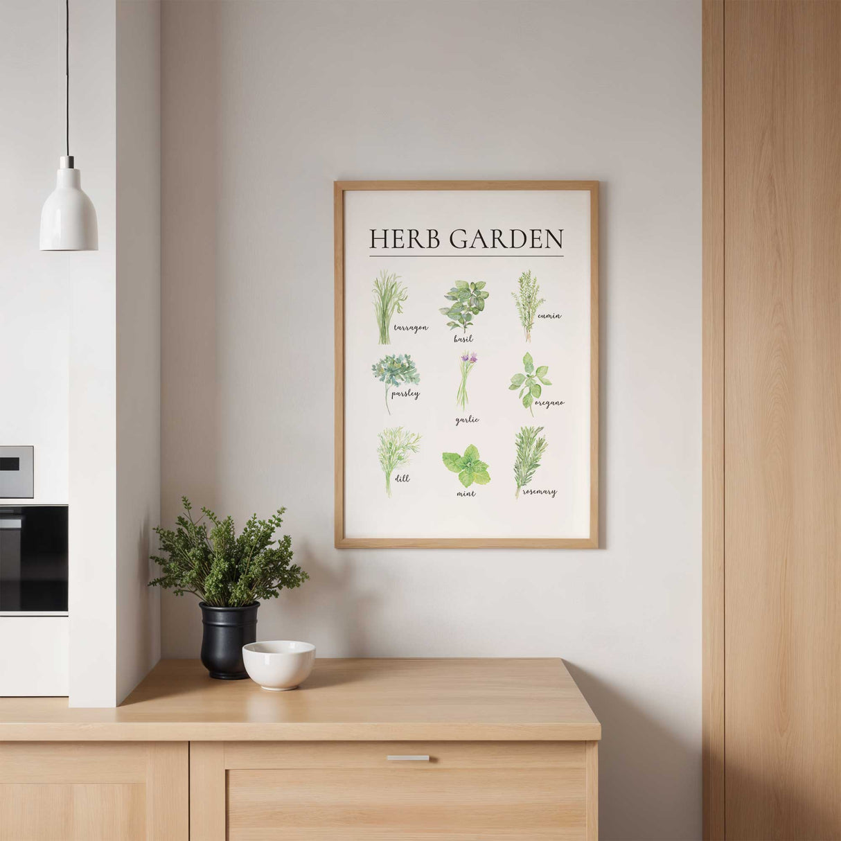 Watercolour herb print with basil rosemary mint oregano parsley and other culinary herbs for kitchen decor