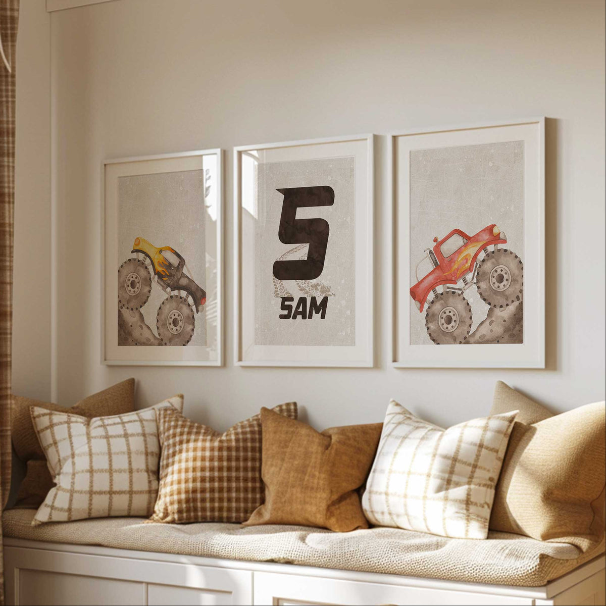 Yellow and red monster truck prints with a personalised initial print, muddy tyres and pale beige textured backgrounds.