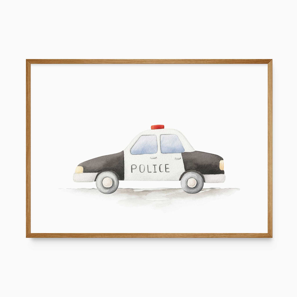 Watercolour black and white police car with a red roof light and grey ground shadow on a white background.