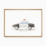 Watercolour black and white police car with a red roof light and grey ground shadow on a white background.